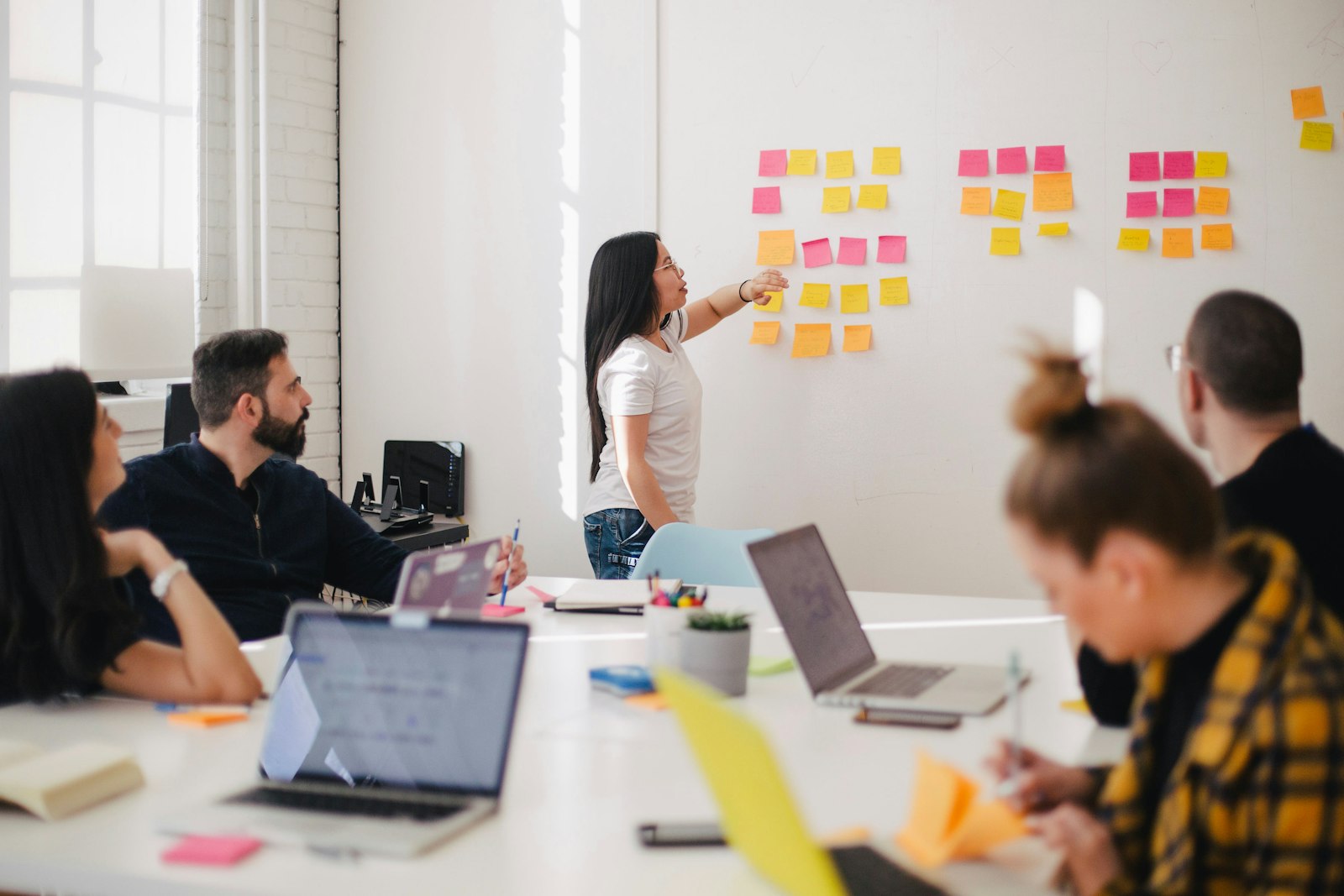 Coach erstellt eine Karriere-Roadmap auf Haftnotizen mit einem kleinen Team
